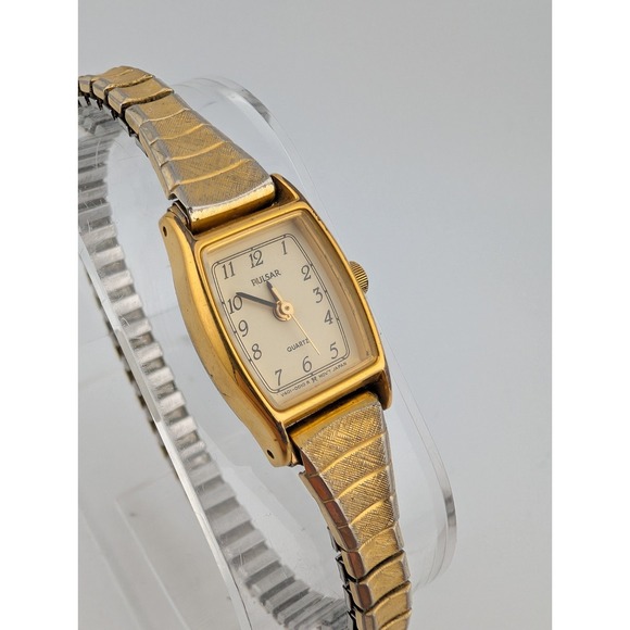 Vintage Pulsar Watch Women 16mm Gold Case Stretch Band V401-5000 New Battery - Picture 1 of 8